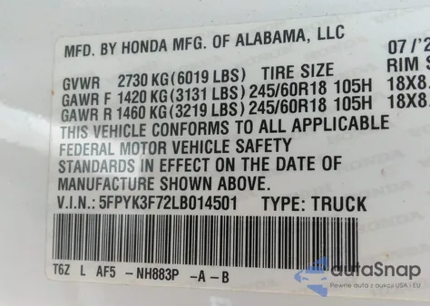 2020 Honda Ridgeline Rtl-E из США, поврежденный, VIN 5FPYK3F72LB014501